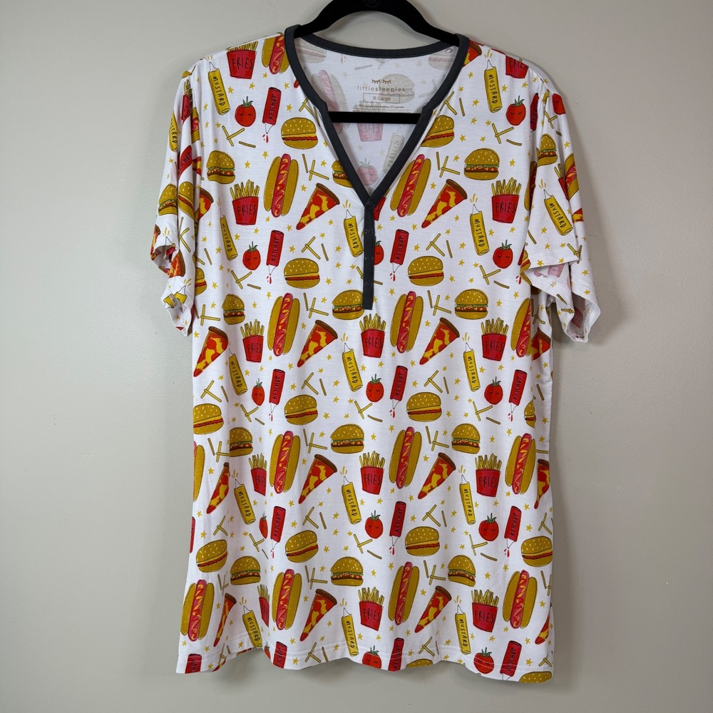 Little Sleepies Fast Food Bamboo Henley Pajama Top XL White Burger Pizza Hot Dog